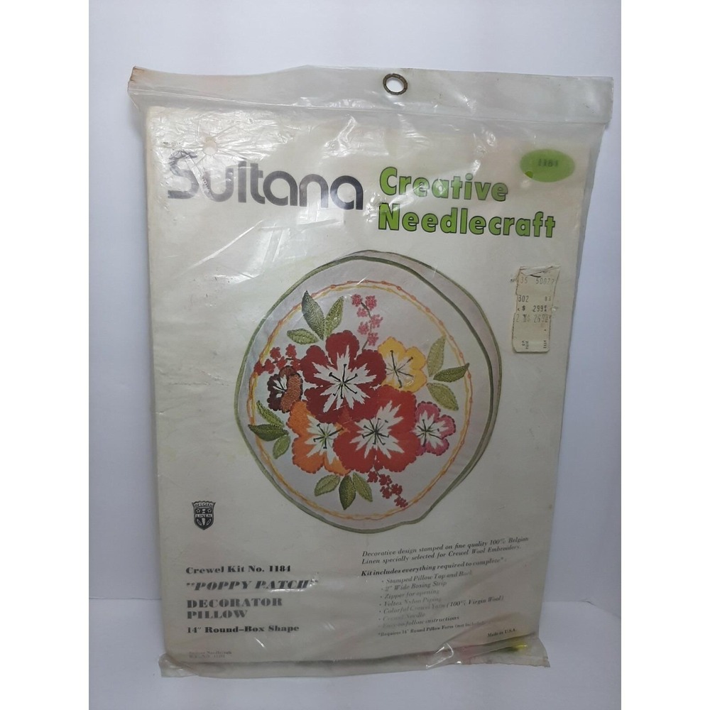 Round Box Pillow Crewel Embroidery Kit "Poppy Patch" Sultana 14" Floral Garden